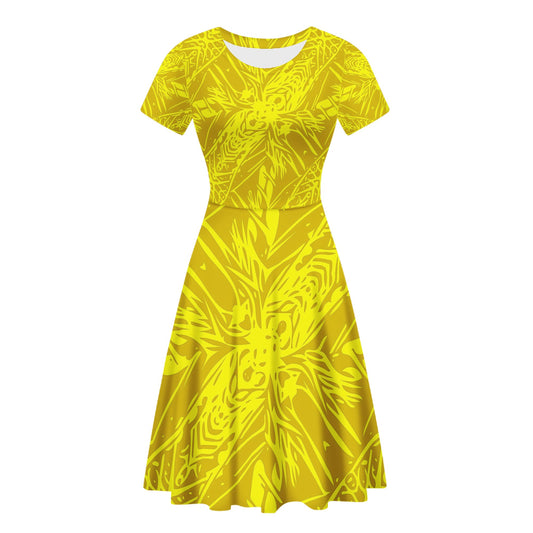 Yellow Fern Abstract Women Scoop Neck Ruffle Dress