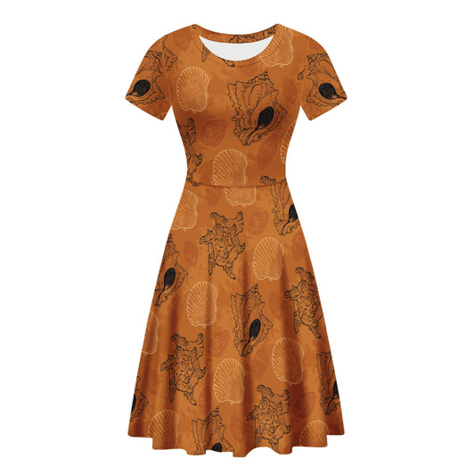 Seashell Ocean Design in Orange Women Scoop Neck Ruffle Dress