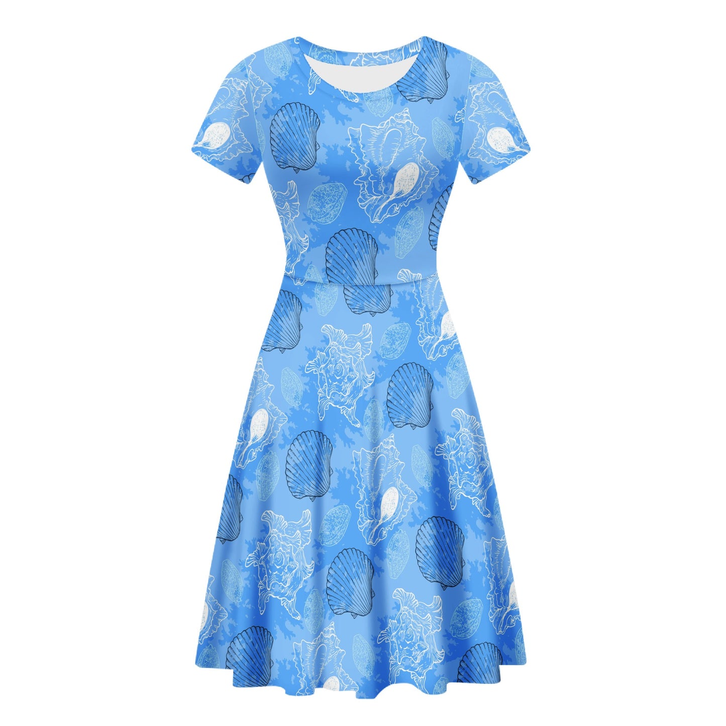 Blue Seashell Ocean Scoop Neck Ruffle Dress | Handcrafted, Versatile & Eco-Friendly Elegance