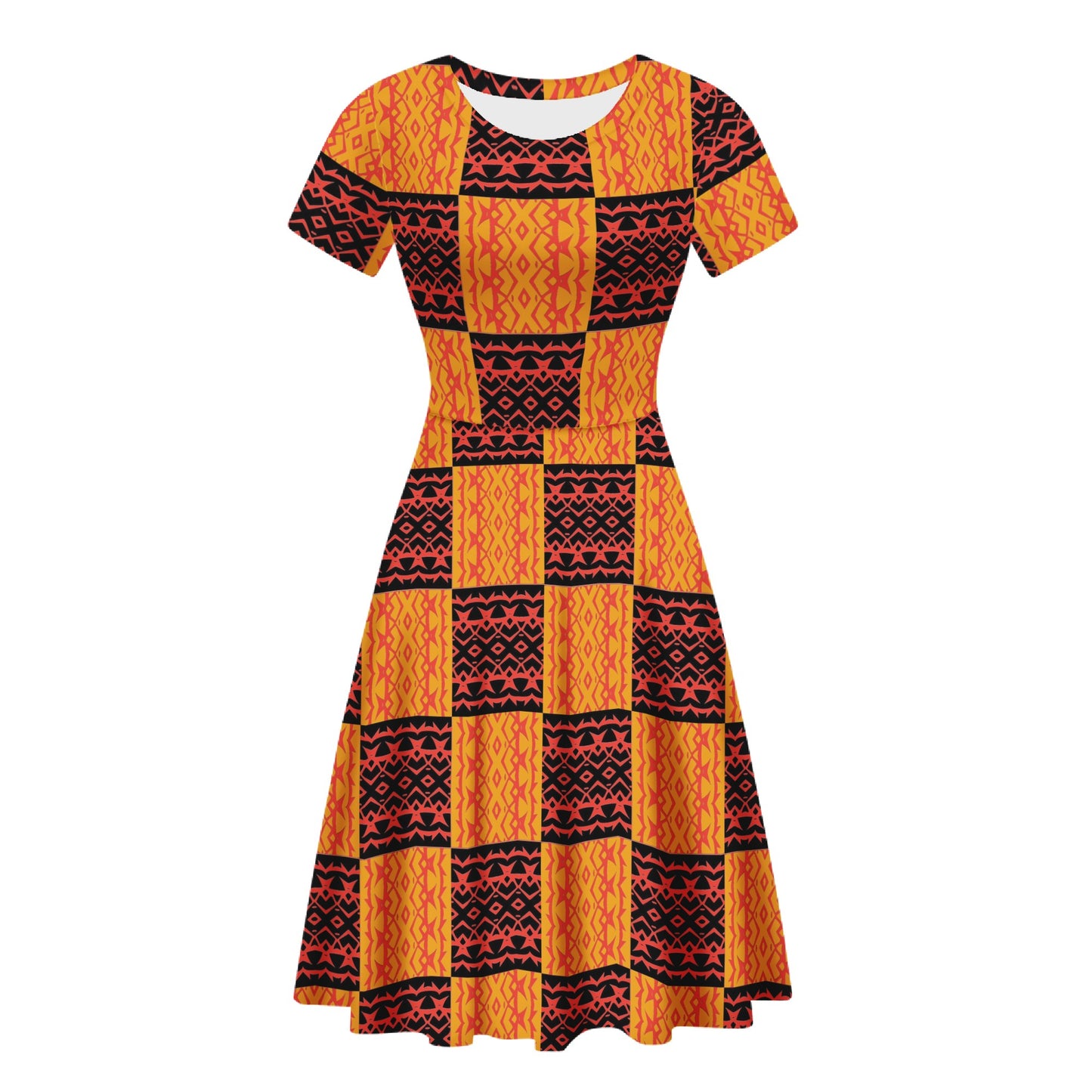 Black and Orange Tribal Design -  Women Scoop Neck Ruffle Dress