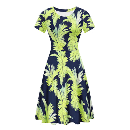 Puakenikeni - Lime Green and Black Women Scoop Neck Ruffle Dress - Luxtrini, LLC