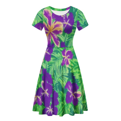 Blue Flag Iris on Green Women Scoop Neck Ruffle Dress - Luxtrini, LLC