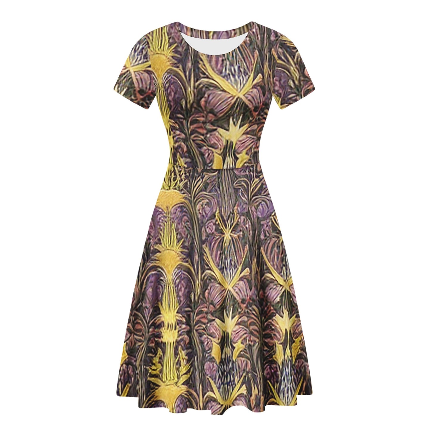 Hawaiian Golden Puakenikeni Women Scoop Neck Ruffle Dress - Tropical Elegance and Versatile Style