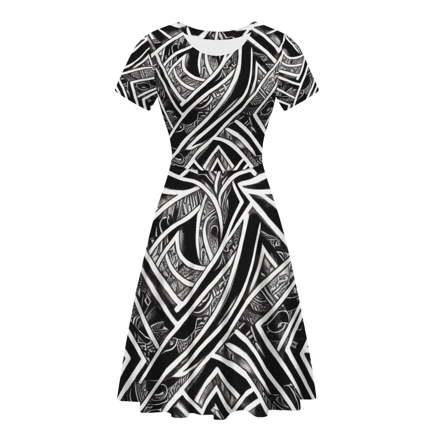 Black & White Polynesian Scoop Neck Ruffle Dress | Elegant, Versatile & Handcrafted