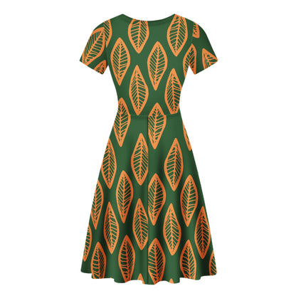 African | Ethnic | Mudcloth | #16 Green and Orange Women Scoop Neck Ruffle Dress