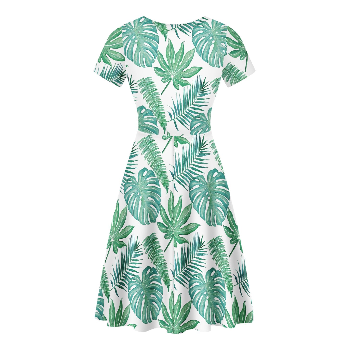 Palm and Monstera Leaf Green Women Scoop Neck Ruffle Dress