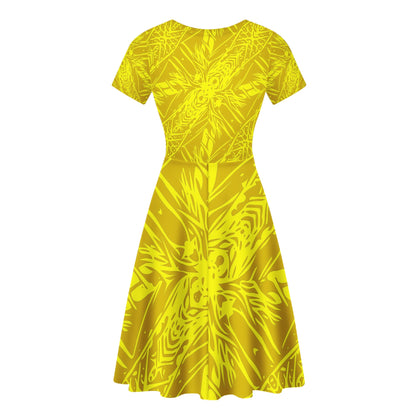 Yellow Fern Abstract Women Scoop Neck Ruffle Dress