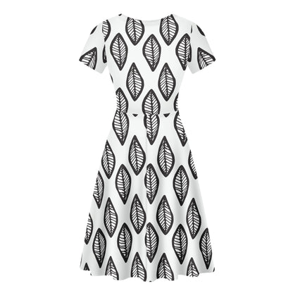 African | Ethnic | Mudcloth | #16 Black and White Women Scoop Neck Ruffle Dress