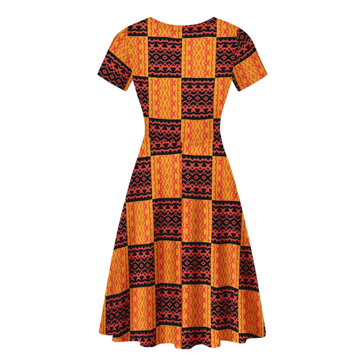 Black and Orange Tribal Design -  Women Scoop Neck Ruffle Dress