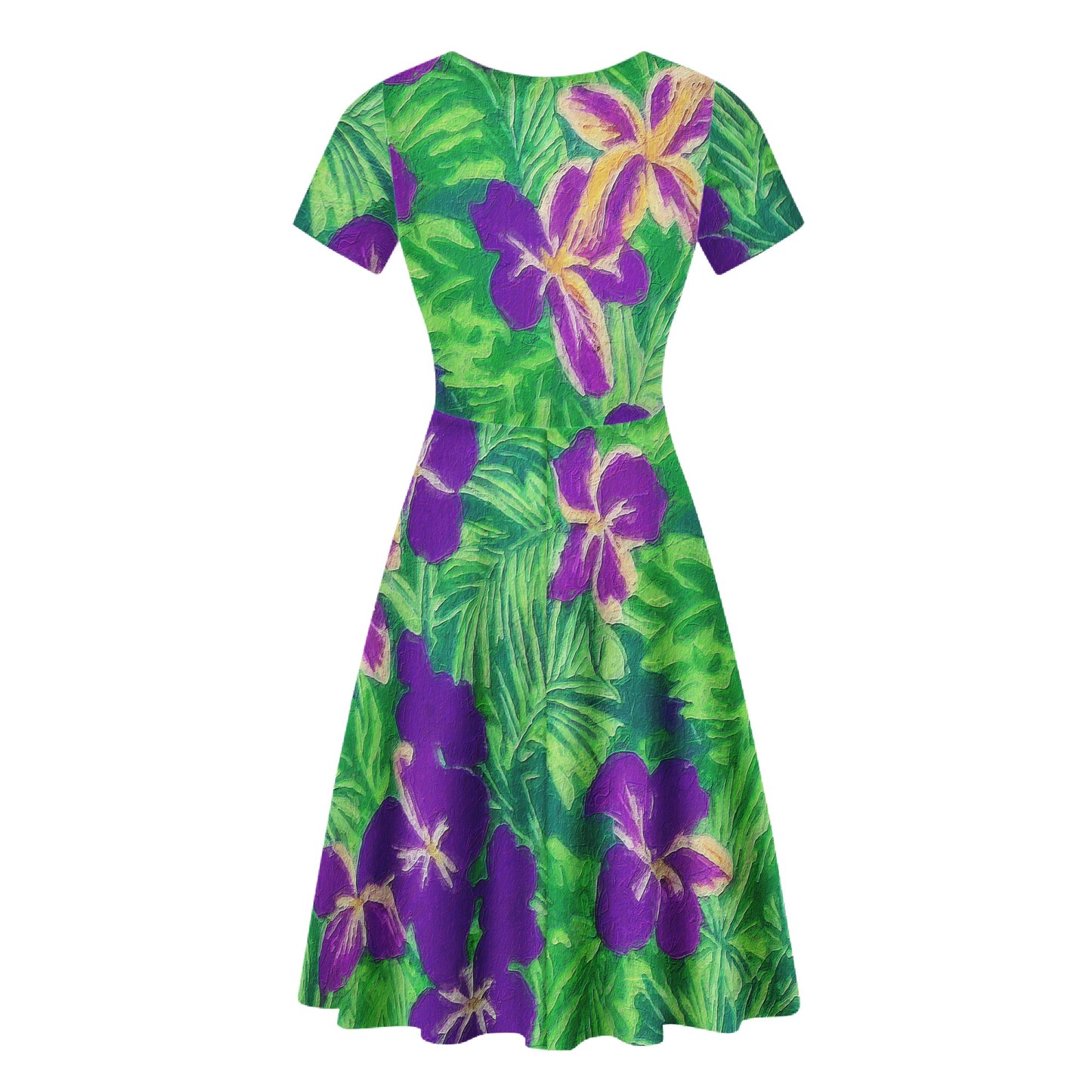 Blue Flag Iris on Green Women Scoop Neck Ruffle Dress - Luxtrini, LLC