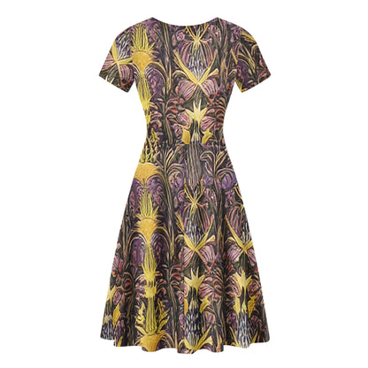 Hawaiian Golden Puakenikeni Women Scoop Neck Ruffle Dress - Tropical Elegance and Versatile Style