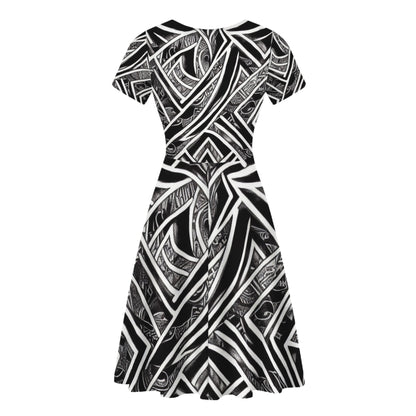 Black & White Polynesian Scoop Neck Ruffle Dress | Elegant, Versatile & Handcrafted