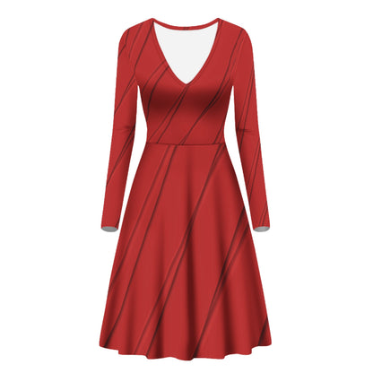 Print Red  Design Women V-Neck Long Sleeve Ruffle Dress