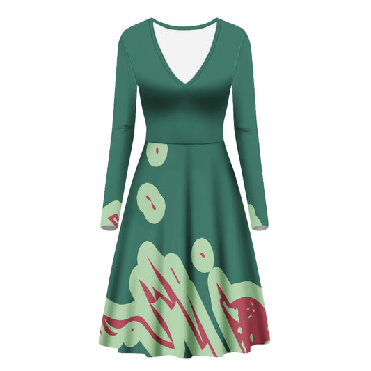 Ultramarine Green, Green Ash & Watermelon Women V-Neck Long Sleeve Ruffle Dress