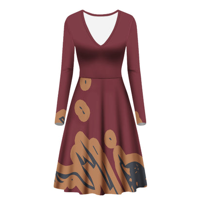 Winery, Tomato Cream & After Midnight Women V-Neck Long Sleeve Ruffle Dress