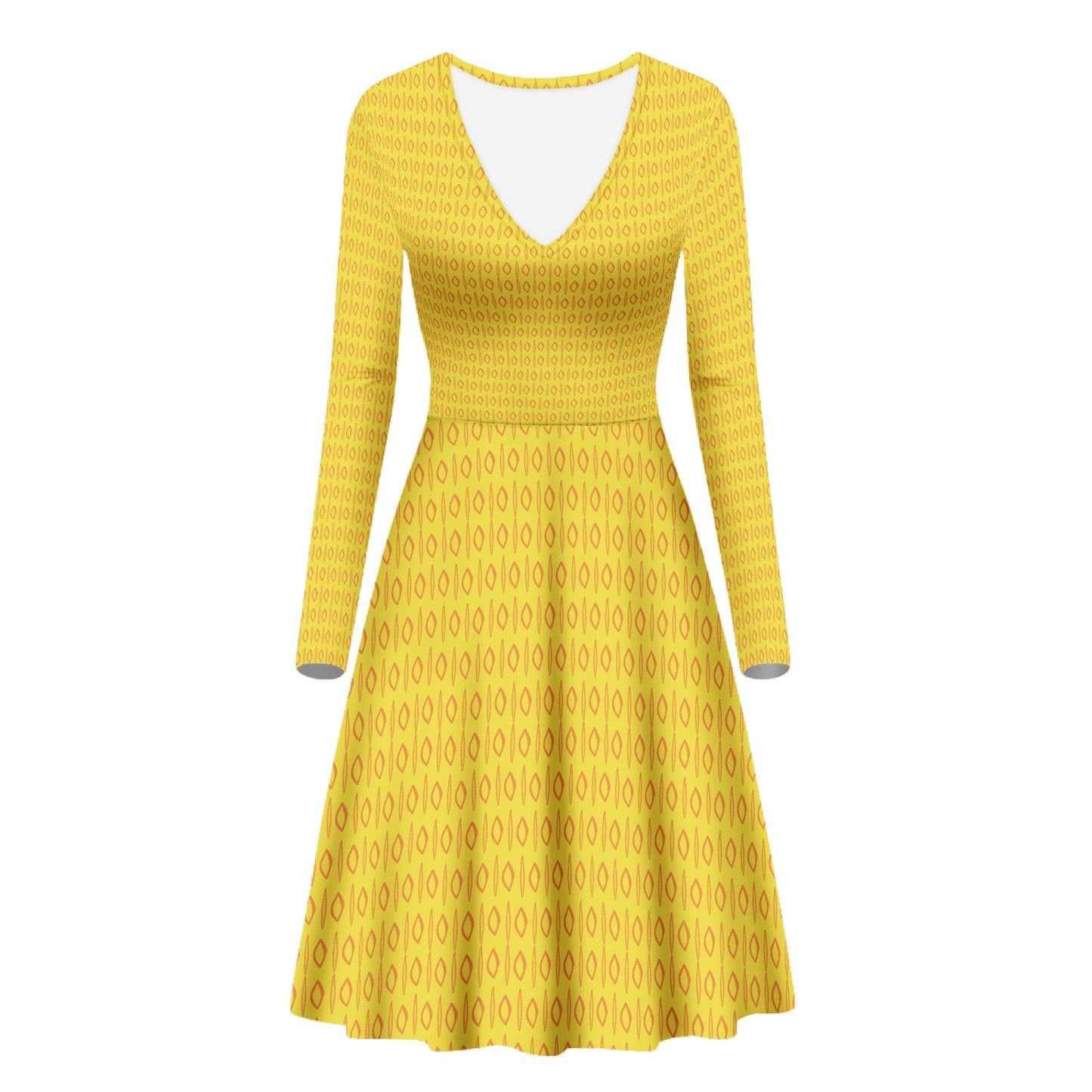 African | Ethnic | Mudcloth | #14 Yellow Women V-Neck Long Sleeve Ruffle Dress