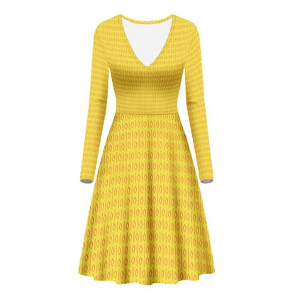 African | Ethnic | Mudcloth | #14 Yellow Women V-Neck Long Sleeve Ruffle Dress