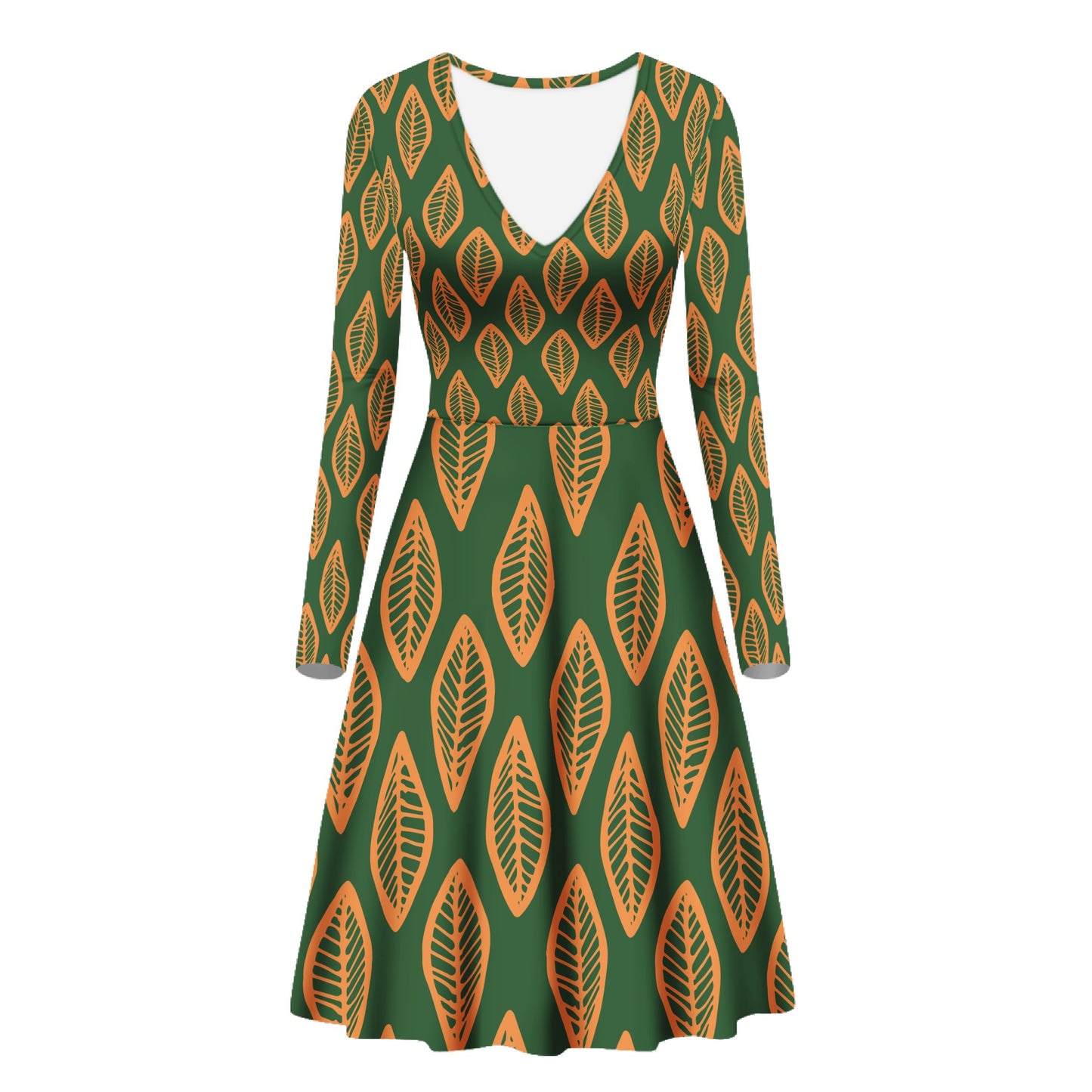 African | Ethnic | Mudcloth | #16 Green and Orange Women V-Neck Long Sleeve Ruffle Dress