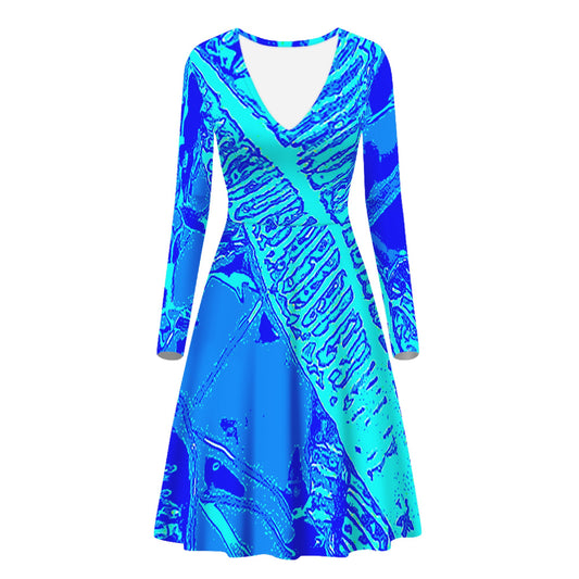 Vibrant Blue Croton  Women V-Neck Long Sleeve Ruffle Dress