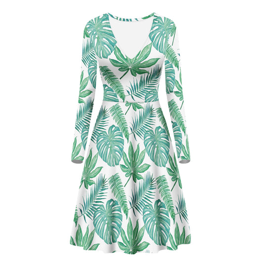 Palm and Monstera Leaf Green Women V-Neck Long Sleeve Ruffle Dress