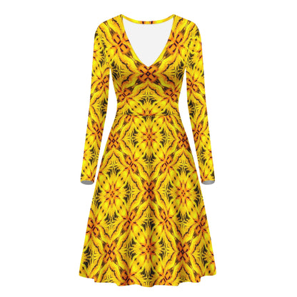 Yellow Toghu: Cameroon Women V-Neck Long Sleeve Ruffle Dress