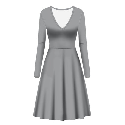 Silver Gray Women V-Neck Long Sleeve Ruffle Dress