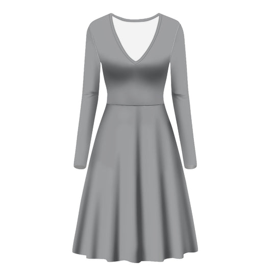 Silver Gray Women V-Neck Long Sleeve Ruffle Dress