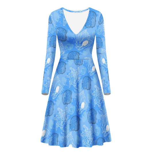 Blue Seashell Ocean Women V-Neck Long Sleeve Ruffle Dress