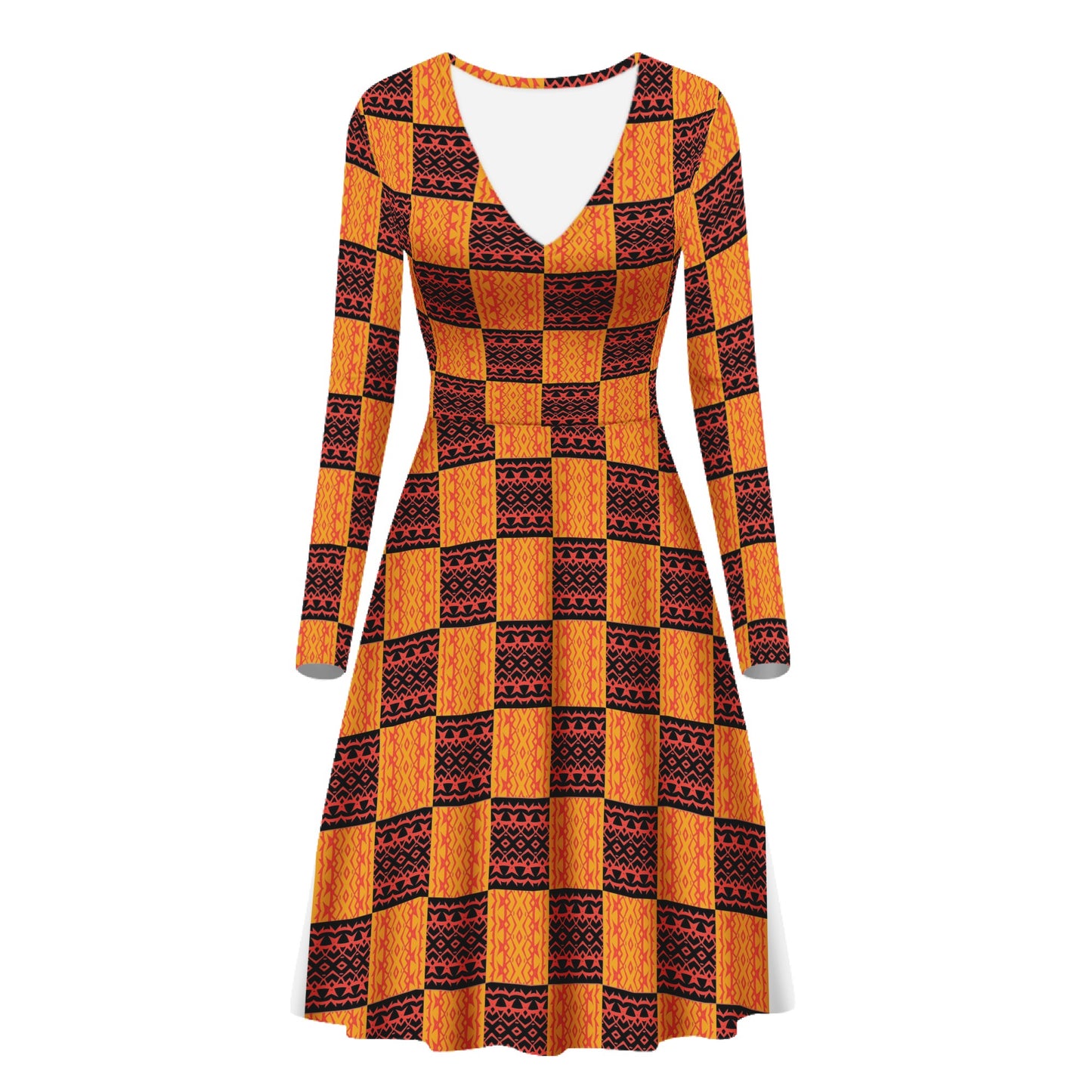 Black and Orange Tribal Design - Women V-Neck Long Sleeve Ruffle Dress