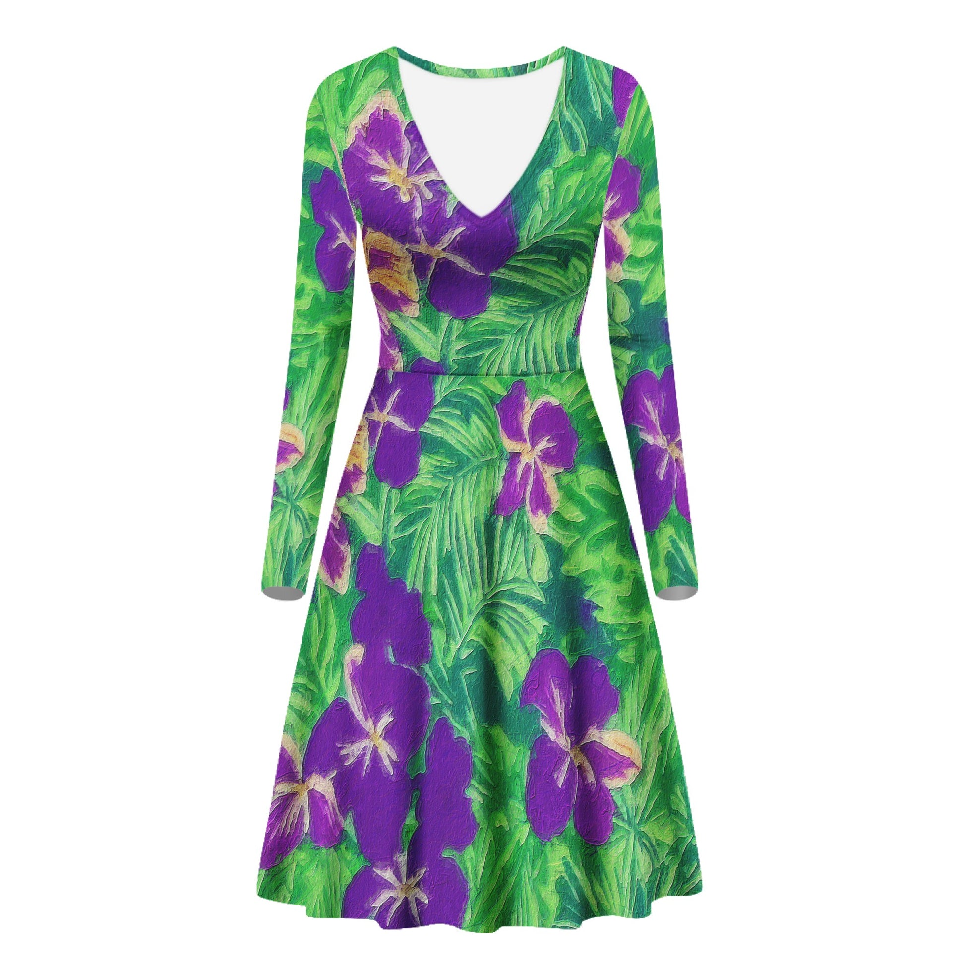 Blue Flag Iris on Green Women V-Neck Long Sleeve Ruffle Dress - Luxtrini, LLC