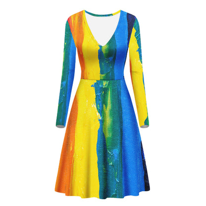 Rainbow Painting Women V-Neck Long Sleeve Ruffle Dress