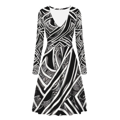 Black and White Polynesian Women V-Neck Long Sleeve Ruffle Dress