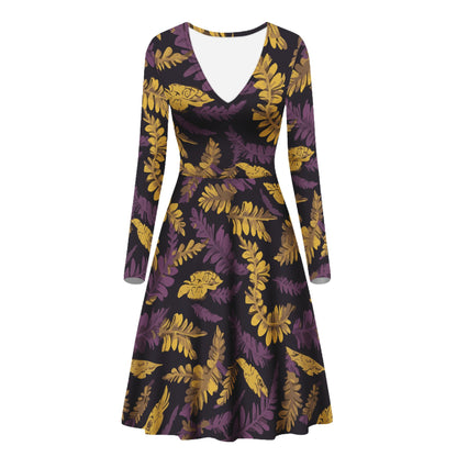 Lauae Purple and Yellow Women V-Neck Long Sleeve Ruffle Dress Women White