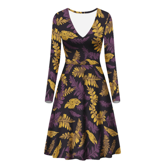 Lauae Purple and Yellow Women V-Neck Long Sleeve Ruffle Dress Women White