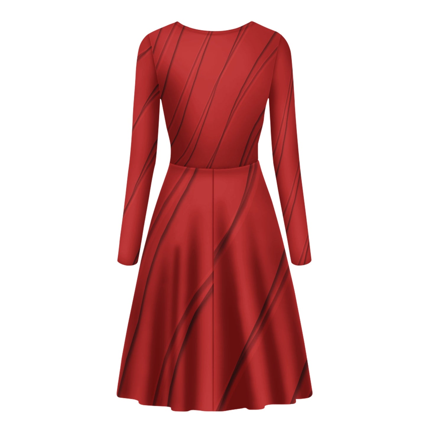 Print Red  Design Women V-Neck Long Sleeve Ruffle Dress