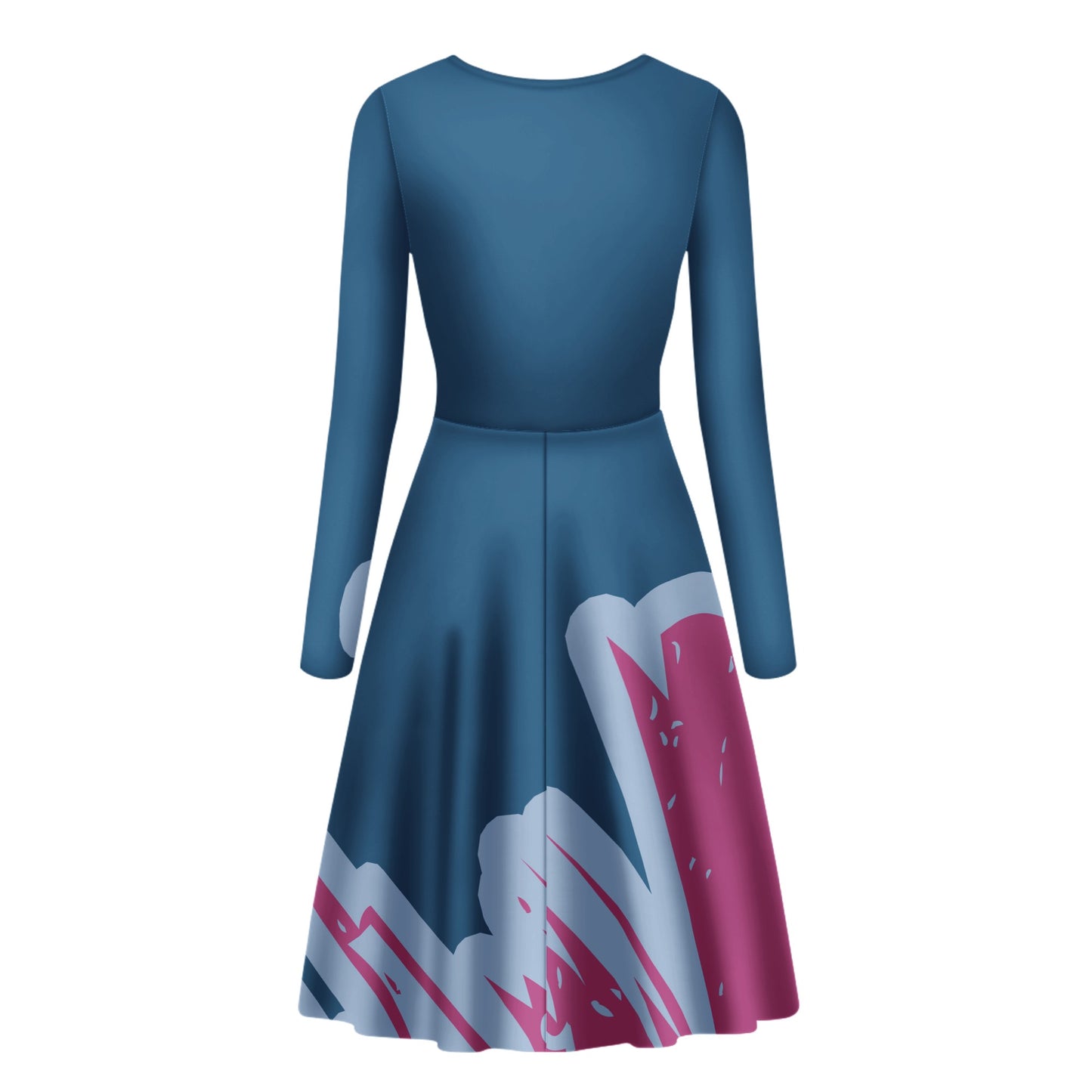 Mykonos Blue, Fuchsia Fedora & Clear Sky Women V-Neck Long Sleeve Ruffle Dress