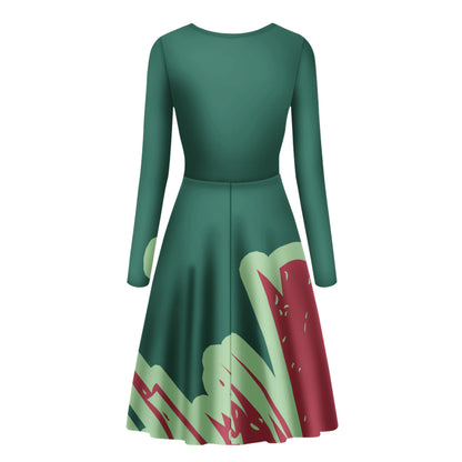 Ultramarine Green, Green Ash & Watermelon Women V-Neck Long Sleeve Ruffle Dress