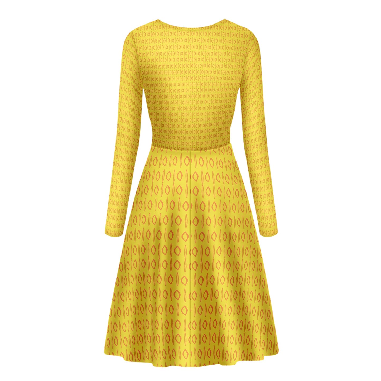 African | Ethnic | Mudcloth | #14 Yellow Women V-Neck Long Sleeve Ruffle Dress