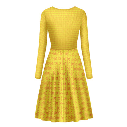 African | Ethnic | Mudcloth | #14 Yellow Women V-Neck Long Sleeve Ruffle Dress