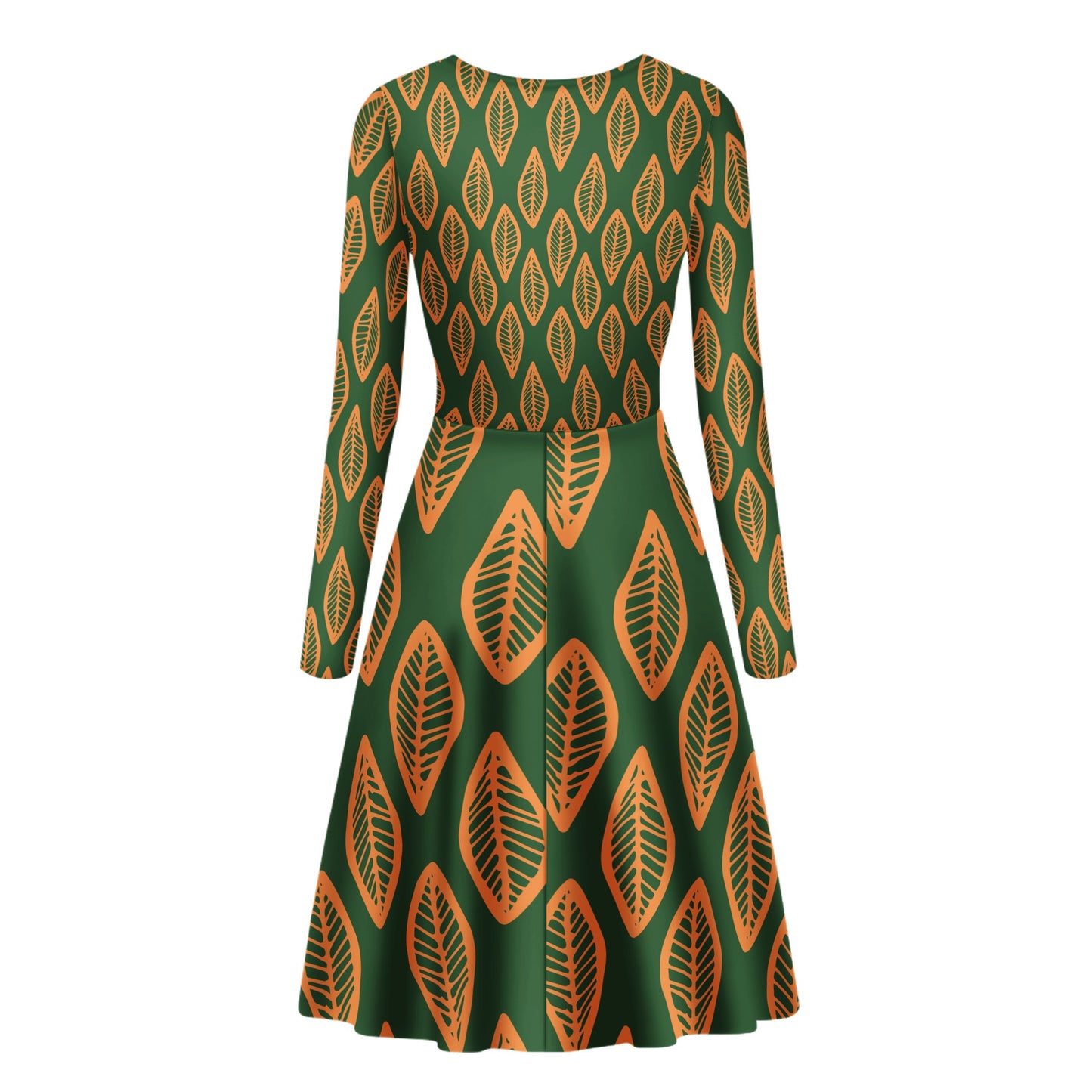 African | Ethnic | Mudcloth | #16 Green and Orange Women V-Neck Long Sleeve Ruffle Dress