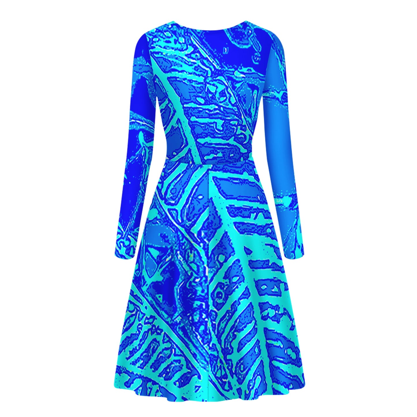 Vibrant Blue Croton  Women V-Neck Long Sleeve Ruffle Dress