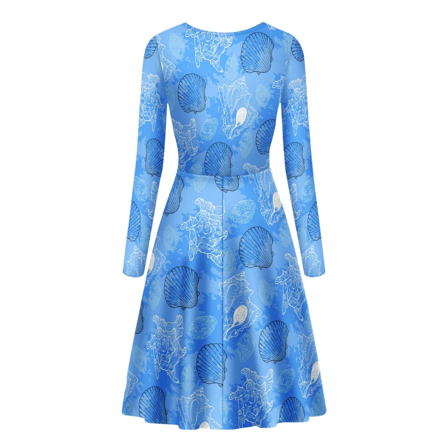 Blue Seashell Ocean Women V-Neck Long Sleeve Ruffle Dress