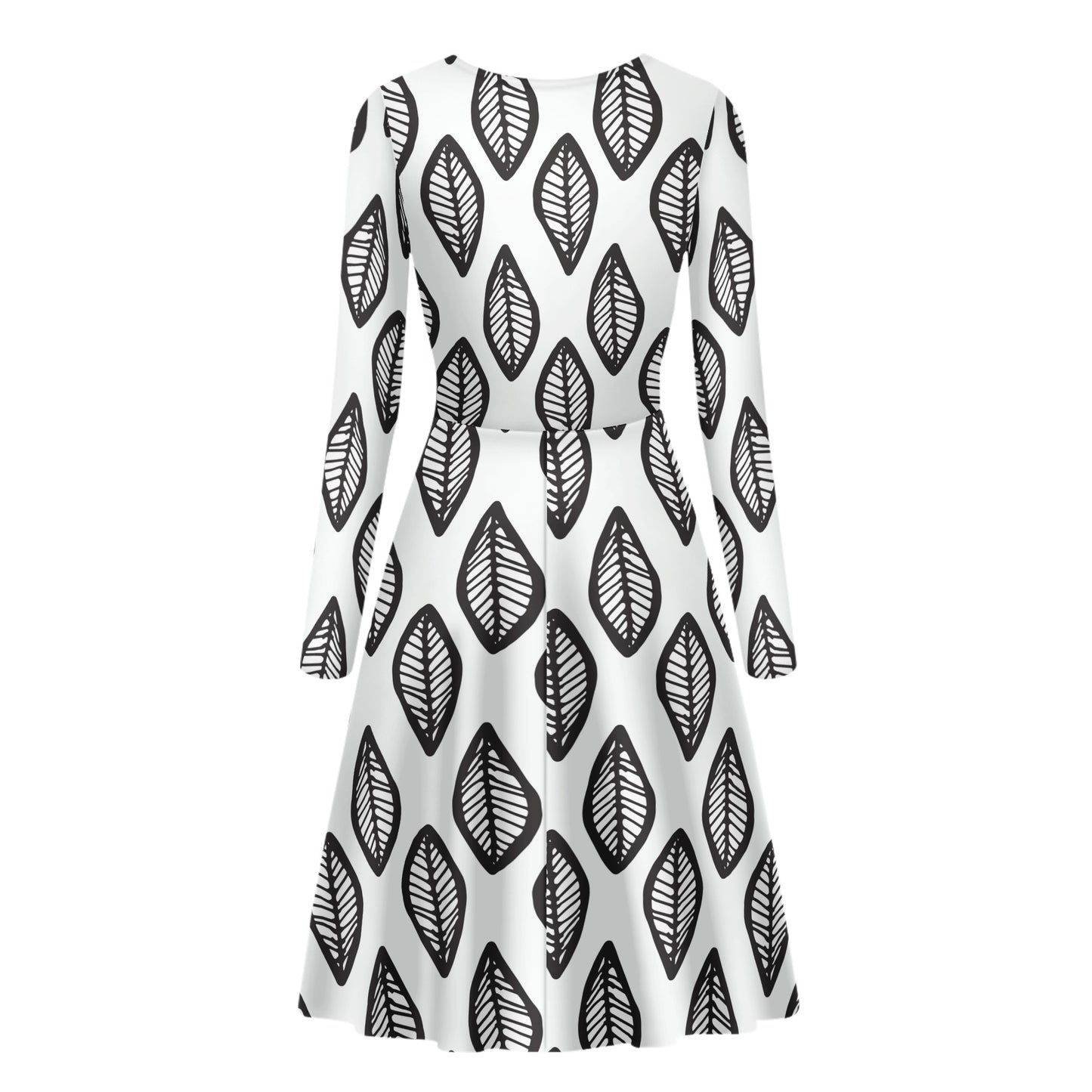 African | Ethnic | Mudcloth | #16 Black and White Women V-Neck Long Sleeve Ruffle Dress