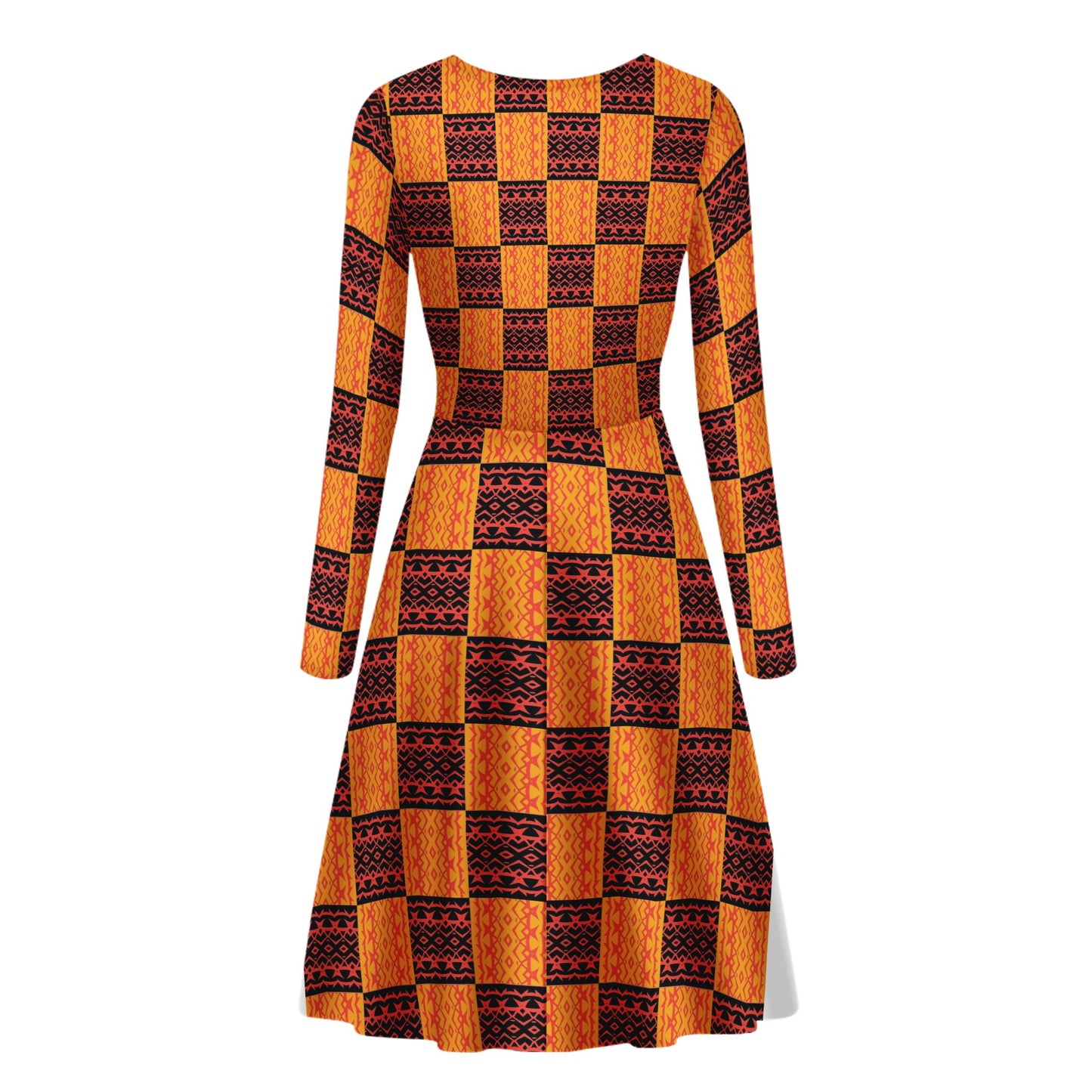 Black and Orange Tribal Design - Women V-Neck Long Sleeve Ruffle Dress