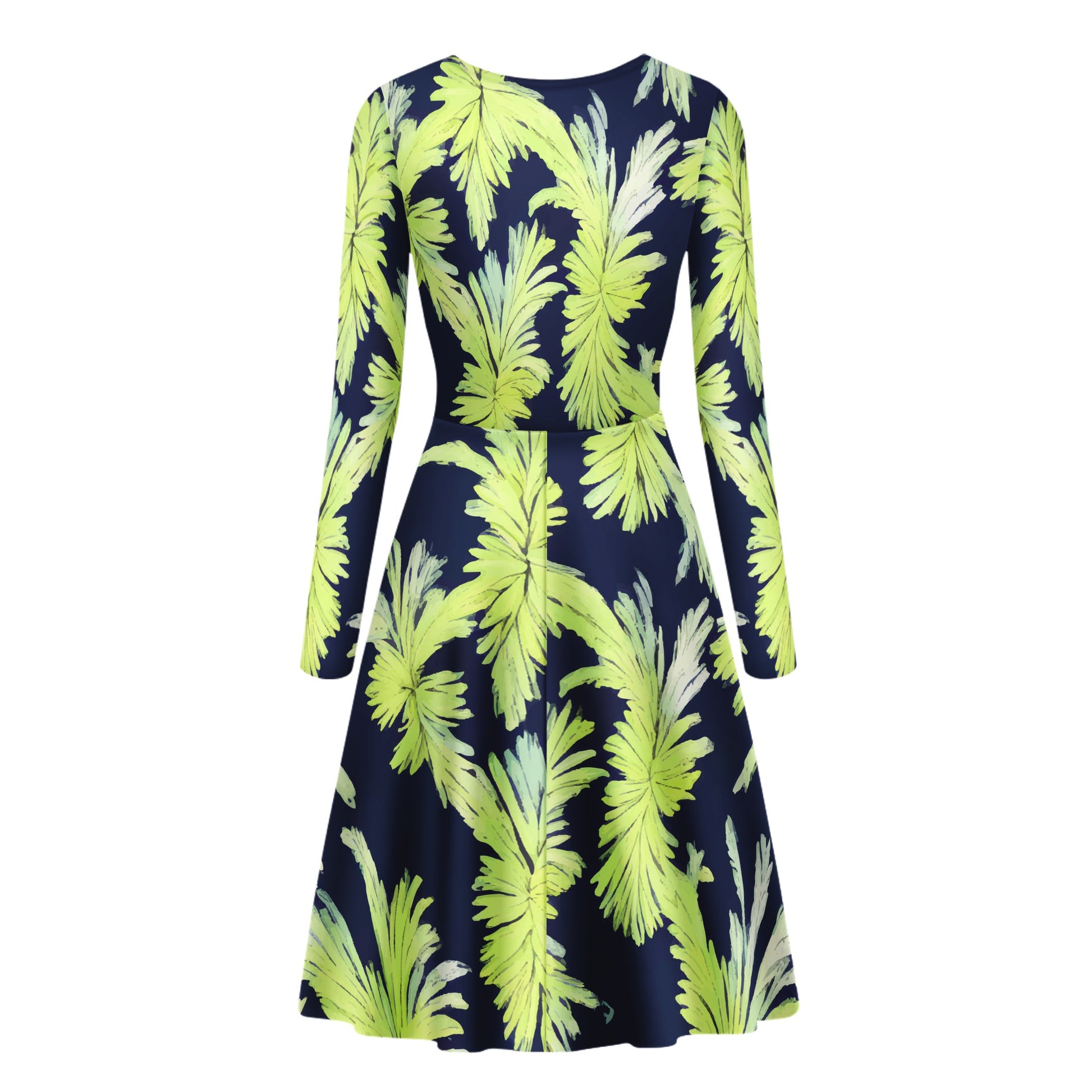 Puakenikeni - Lime Green and Black Women V-Neck Long Sleeve Ruffle Dress - Luxtrini, LLC