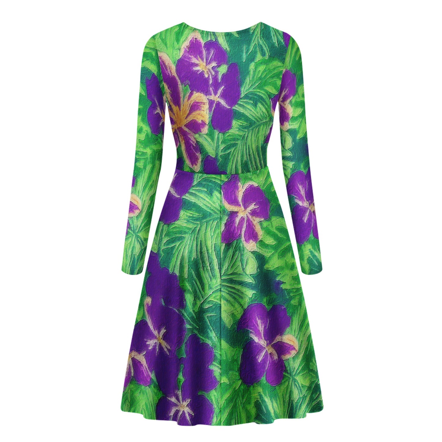 Blue Flag Iris on Green Women V-Neck Long Sleeve Ruffle Dress - Luxtrini, LLC