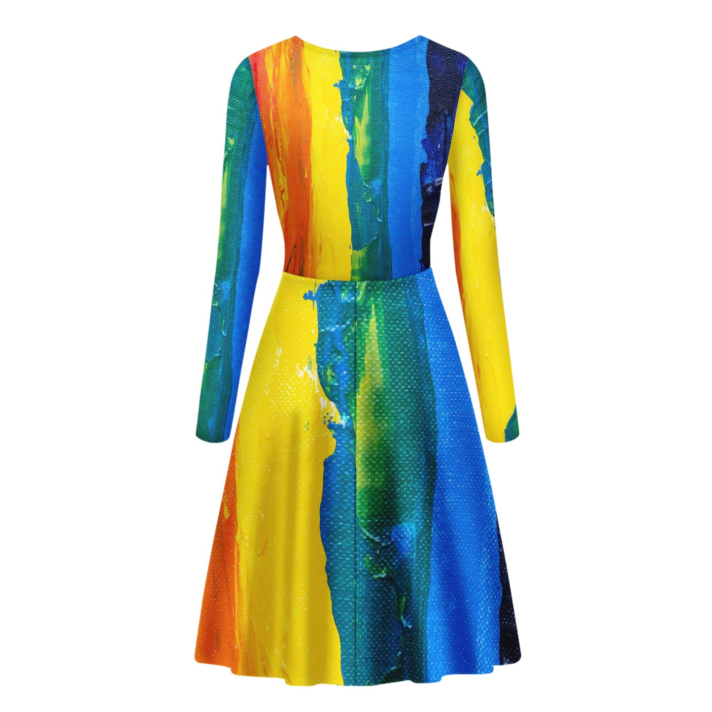 Rainbow Painting Women V-Neck Long Sleeve Ruffle Dress