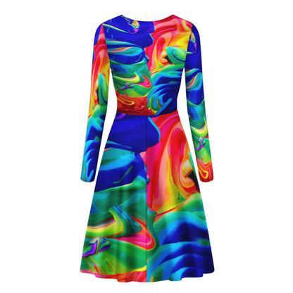 Rainbow Confusion Women V-Neck Long Sleeve Ruffle Dress