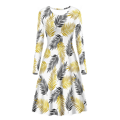 Black and Gold Palm Branches Women Scoop Neck Long Sleeve Ruffle Dress Women