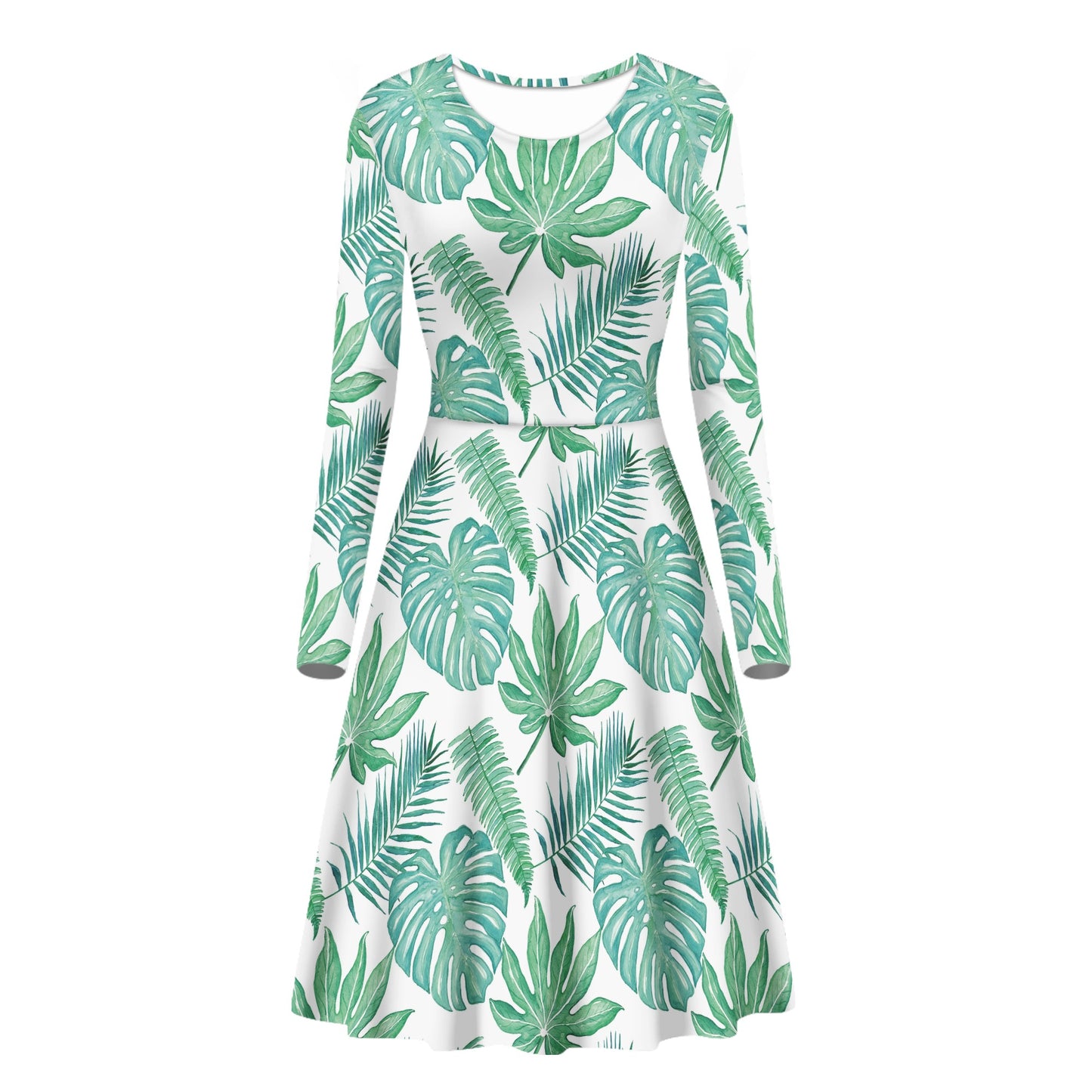 Palm and Monstera Leaf Green Pattern Women Scoop Neck Long Sleeve Ruffle Dress Women